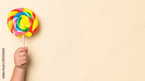 Child's Hand Holding Colorful Swirl Lollipop Against Pastel Background