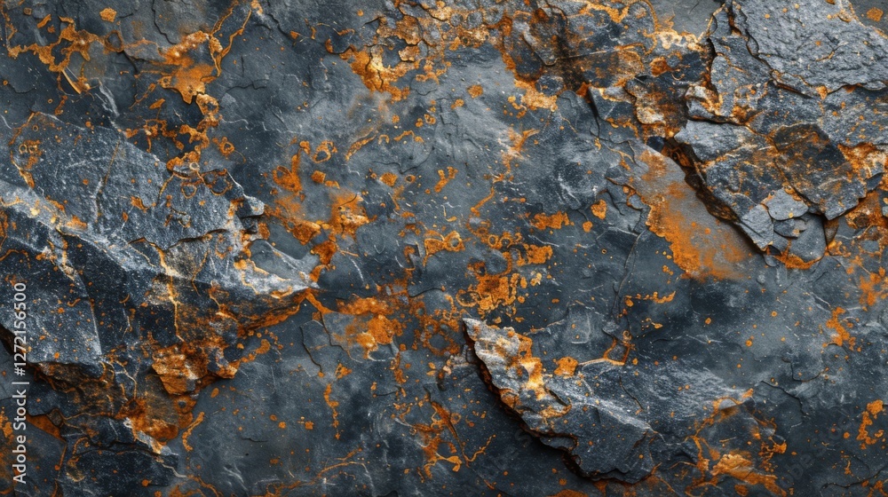 A textured surface showcasing dark grey and orange hues with intricate patterns of erosion, highlighting the natural beauty and age of the stone in warm light.