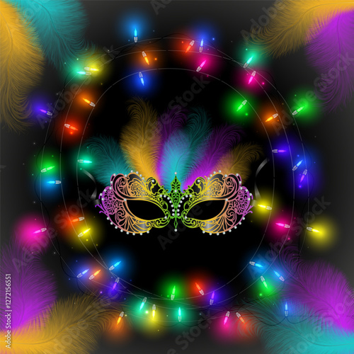 Carnival mask with feathers and colorful lights. Background for invitation card, decoration for greeting, poster and cover design