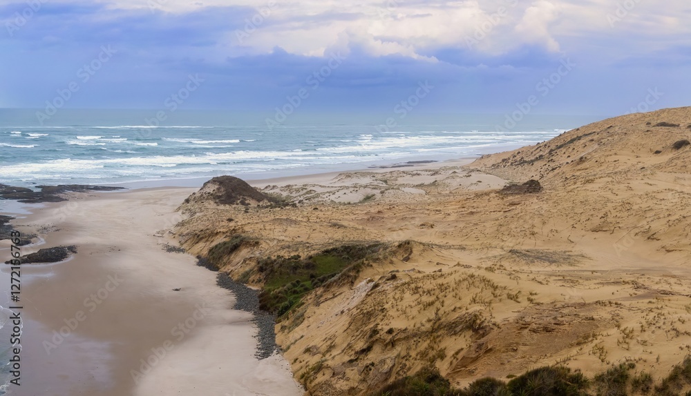 Coastal dunes meet the ocean. Waves crash on the shore, sand dunes stretch inland. Dramatic landscape. Opononi, Hokianga Harbour, Northland, NZ Coastal dunes meet the ocean. Waves crash on the shore, sand dunes stretch inland. Dramatic landscape. Opononi, Hokianga Harbour, Northland, NZ