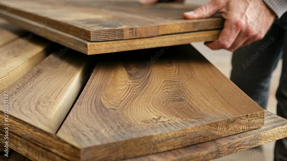 Craftsman arranging various pieces of natural wood on a workbench in a workshop for a woodworking project