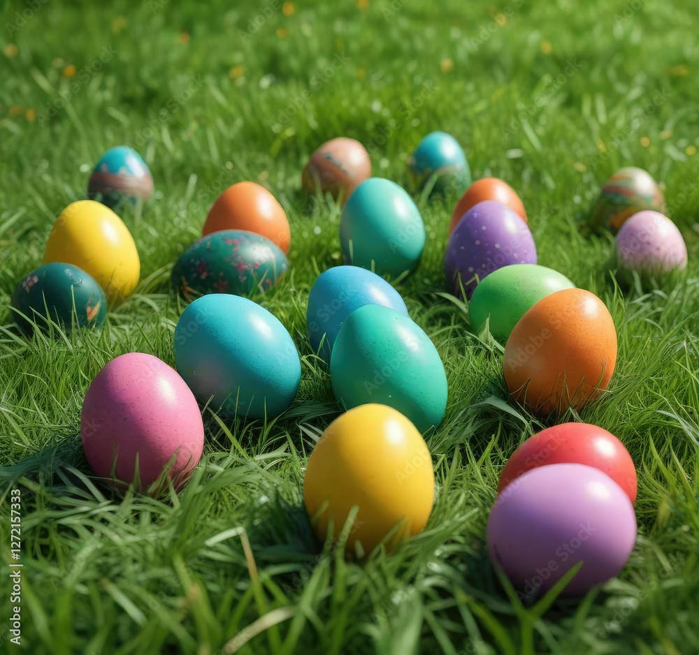 Colorful Easter eggs in a field of lush green grass, vibrant colors, spring flowers, garden decor Colorful Easter eggs in a field of lush green grass, vibrant colors, spring flowers, garden decor