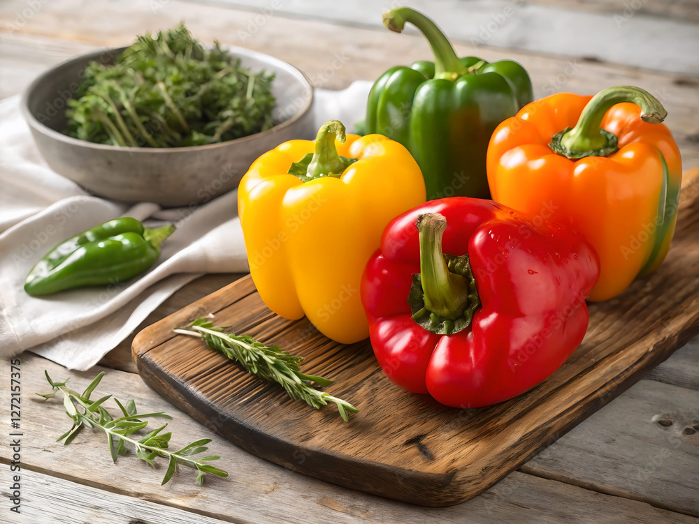 A rustic wooden table adorned with a wooden cutting board, a bowl of fresh green herbs, and a variety of bell peppers in vibrant red, yellow, and green hues. The scene is complemented by a white cloth A rustic wooden table adorned with a wooden cutting board, a bowl of fresh green herbs, and a variety of bell peppers in vibrant red, yellow, and green hues. The scene is complemented by a white cloth