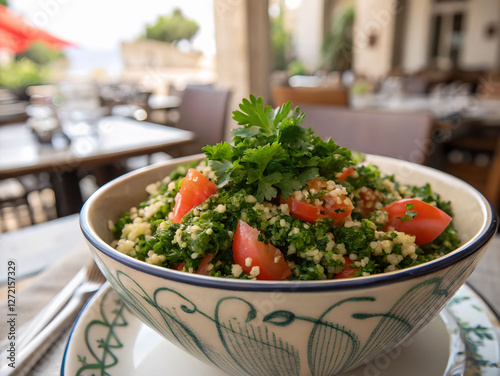 A bowl of couscous salad with tomatoes and parsley placed on a saucer, accompanied by a spoon. In the background, there are tables and chairs, and the scene is slightly blurred, giving it a dreamy qua photo