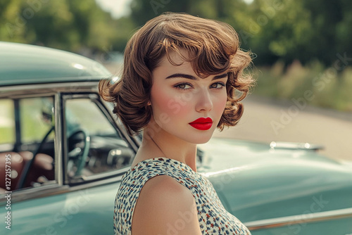 A woman in a retro dress and red lipstick stands near a vintage car photo