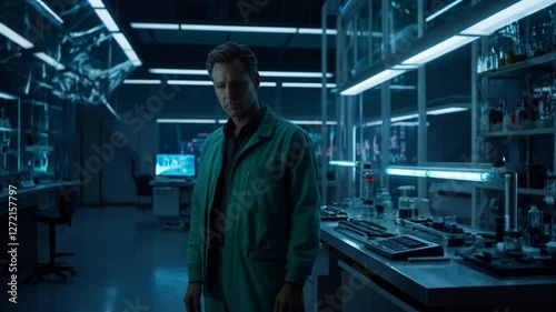 Wallpaper Mural Medical scientist working in modern laboratory with futuristic equipment, neon lights and digital screens showing medical data, conducting experiments and research in a cinematic view Torontodigital.ca