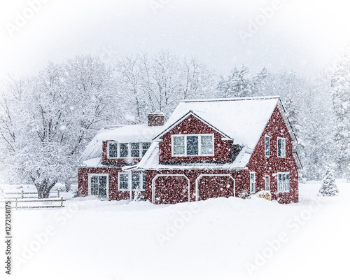 Red House in Snowstorm – Winter Landscape with Falling Snow