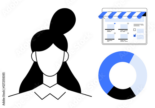 Businesswoman icon beside online store interface under blue awning and pie chart. Ideal for e-commerce, online business strategy, digital marketing, customer management, analytics, entrepreneurship