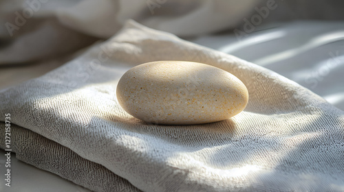 Smooth rock on natural fabric. Earthy tones convey a sense of calm, perfect for wellness concepts.