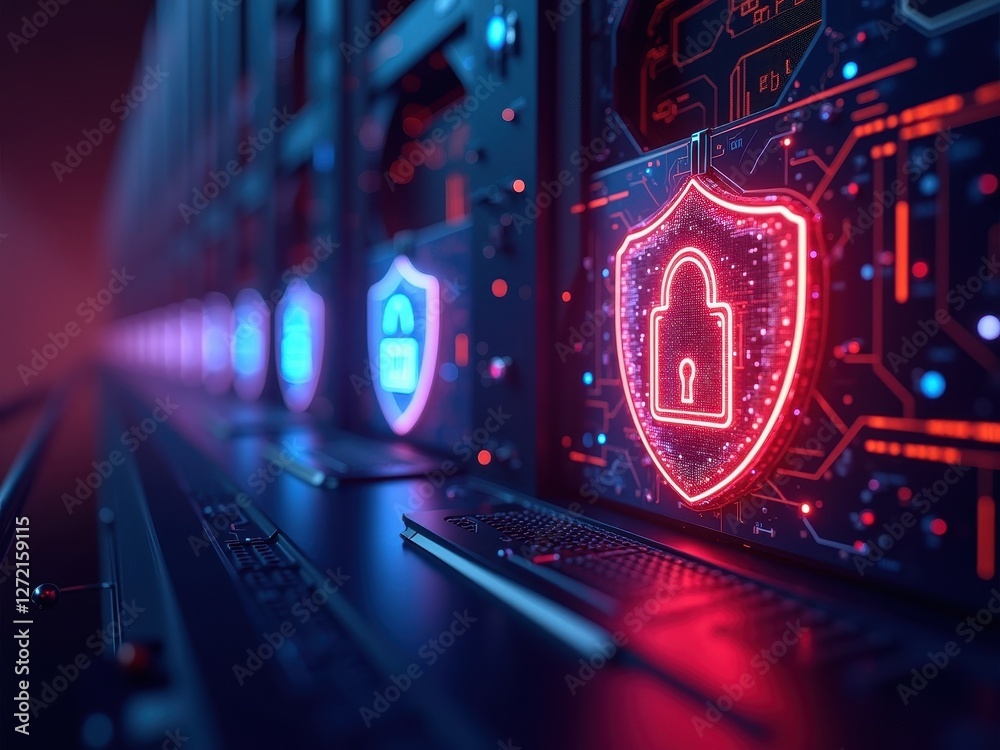 Obraz premium Cybersecurity technology represented by glowing shield icons on a server rack showcasing protection against threats and data breaches in a modern data center