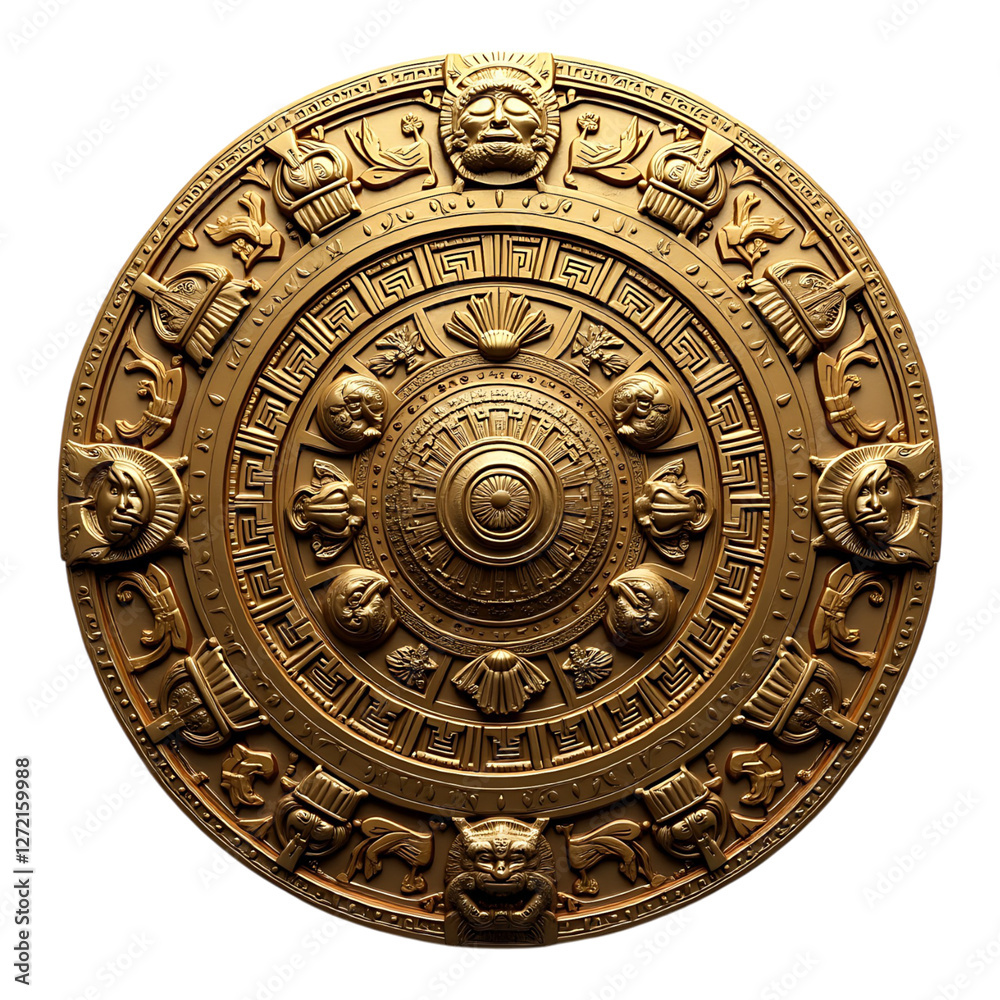 Ornate Circular Gold Shield with Tribal Patterns