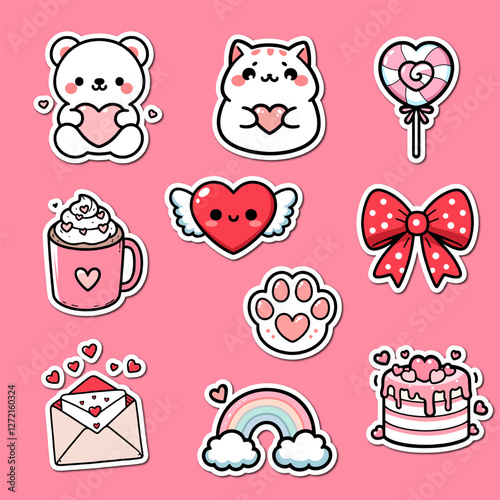 Kawaii Valentine's Day Sticker Pack Cute Love amp Romantic Vector Set