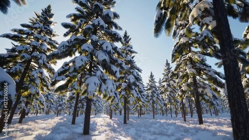 Snow-covered trees swaying gently in winter forest scene
