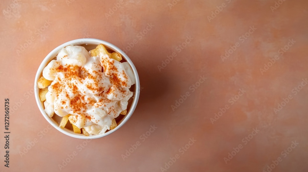 Bowl of macaroni and cheese topped with creamy sauce paprika seasoning Bowl of macaroni and cheese topped with creamy sauce paprika seasoning
