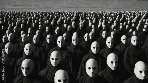 Crowd of figures in black cloaks and white masks gathered on the shore during a cloudy day