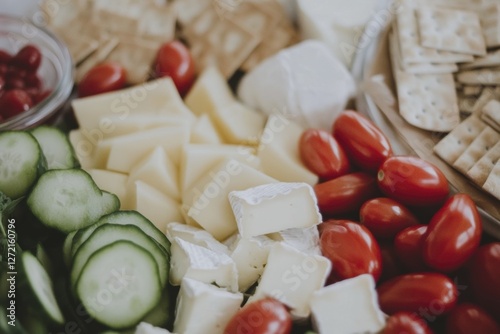 Fresh cheese and vegetable platter with tomatoes, cucumbers, and crackers