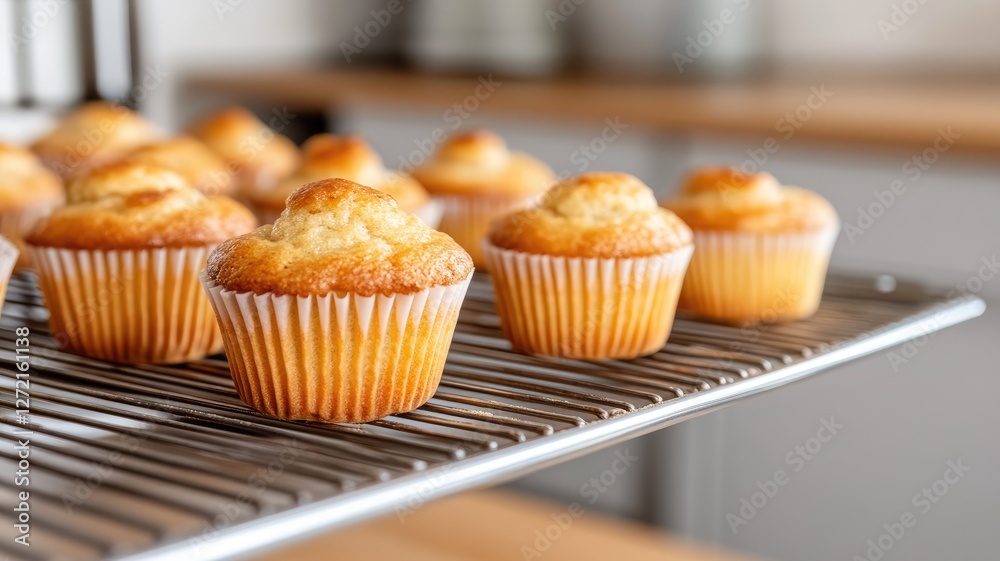 Freshly baked vanilla muffins on cooling rack in modern kitchen