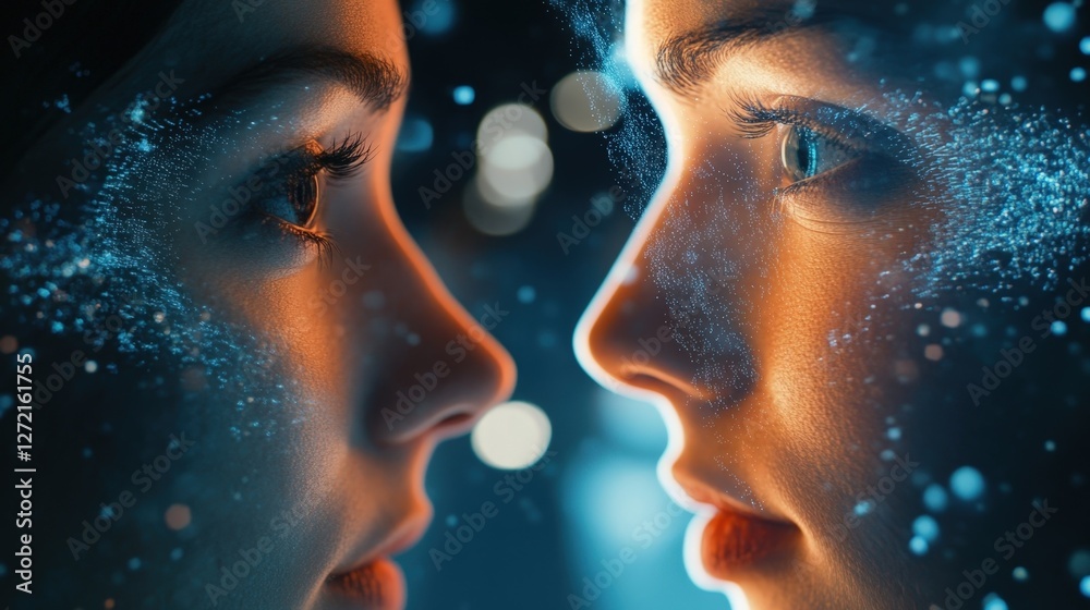 A closeup of two faces one showing stress and uncertainty peering into a fuzzy mirror labeled Deceptive Info while the other face bright and composed looks into a clear mirror labeled A closeup of two faces one showing stress and uncertainty peering into a fuzzy mirror labeled Deceptive Info while the other face bright and composed looks into a clear mirror labeled