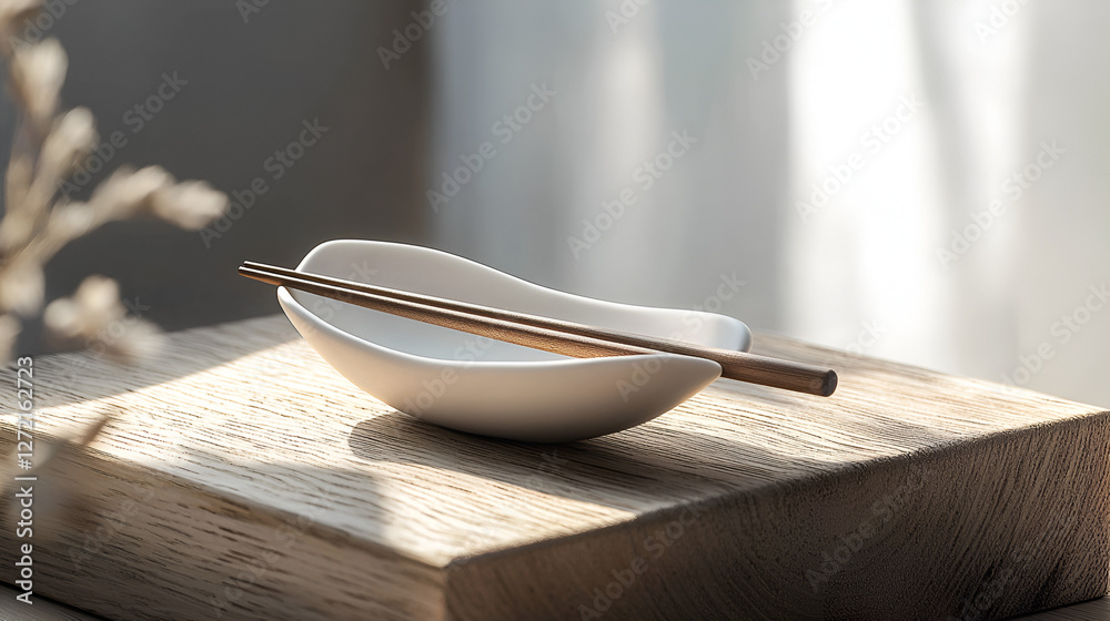 Chopsticks rest on a pristine white holder atop a light wood surface, bathed in gentle sunlight. Chopsticks rest on a pristine white holder atop a light wood surface, bathed in gentle sunlight.