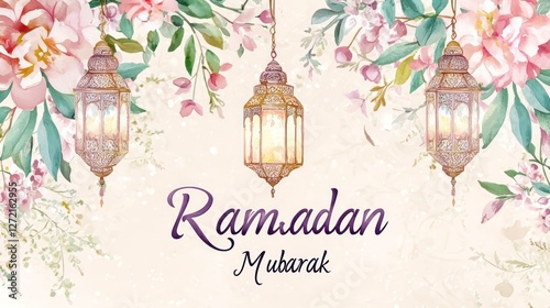 Beautiful floral illustration with hanging lanterns, wishing Ramadan Mubarak.