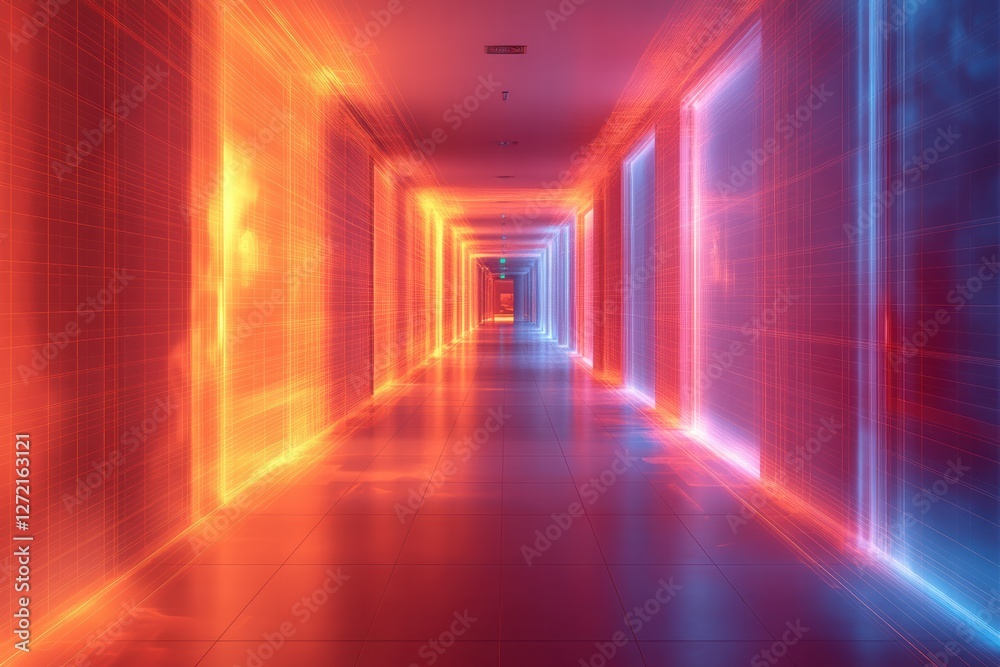 Thermal monitoring map displaying indoor movement patterns in a modern corridor