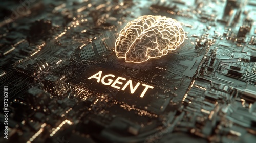 The words AI Agent on a futuristic computer micrchip symbolizing future agentic autonomy and automation using a chatbot assistant for copilot support with AGI bot technology assistance