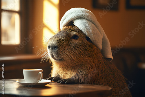 elegant well-groomed capybara, in a towel on her head after a shower, drinks morning coffee
