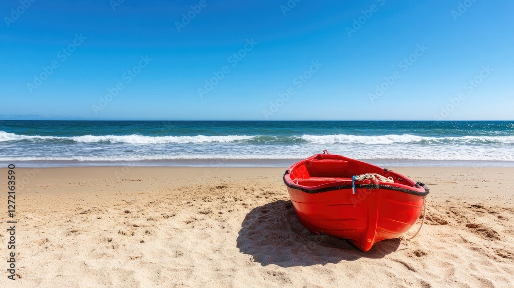 Red boat on sandy beach with blue ocean waves and clear sky Red boat on sandy beach with blue ocean waves and clear sky