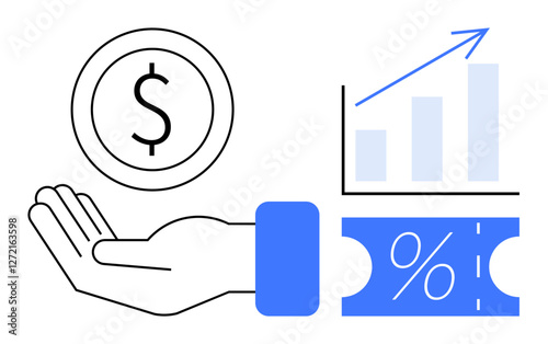 Hand holding dollar coin, rising bar chart with arrow, and percentage coupon. Ideal for investment strategies, financial growth, savings, economic analysis, discount offers, economic planning