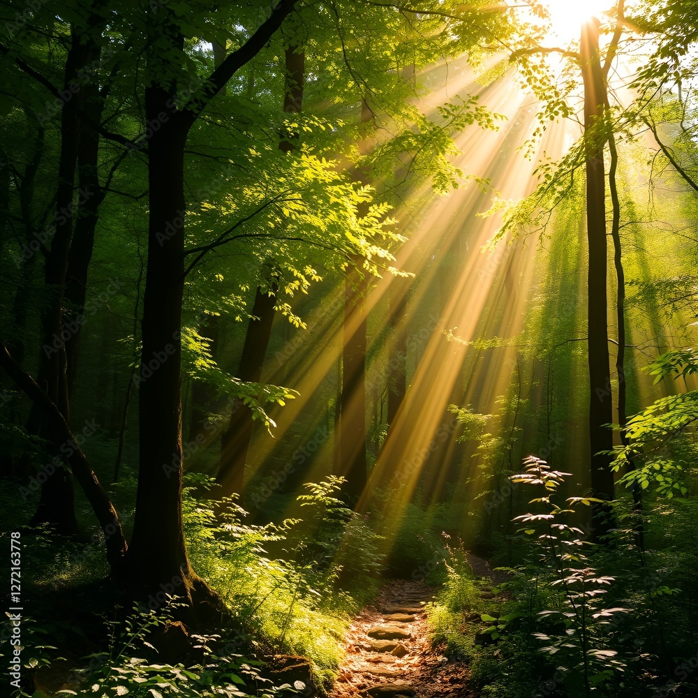 Naklejka premium The enchanting forest floor is covered in ethereal patterns of luminescence as golden rays cascade over the lush woodland's tapestry.