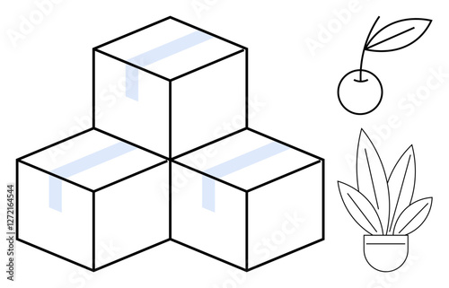 Three sealed boxes stacked in a pyramid with a cherry and a leafy potted plant nearby. Ideal for logistics, shipping, storage, nature, gardening, home d cor, organic products. Minimal abstract line