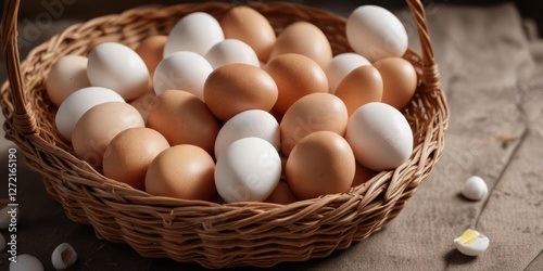 Wallpaper Mural Freshly gathered eggs in a wicker basket with a few brown and white eggs scattered about , farm to table, white eggs, country living Torontodigital.ca