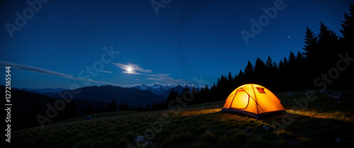 Camping tent glowing at night under a starry sky with mountains in the distance conveys a serene adventure atmosphere in nature photo