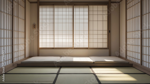 Quiet traditional interior of a Japanese room with tatami mats and shoji screens in the afternoon light