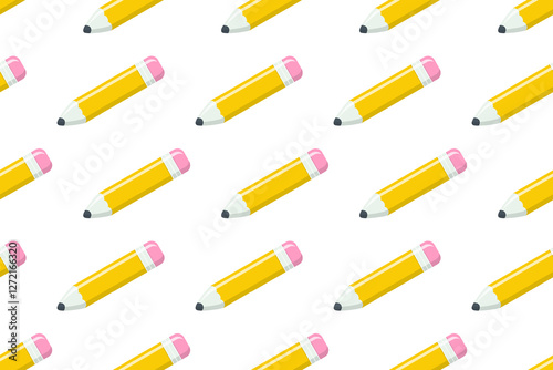 Seamless pattern with pencils. School stationery for drawing. Cute 3d pencils with eraser for kids in preschool, students, office. Seamless pattern with office supplies, vector illustration