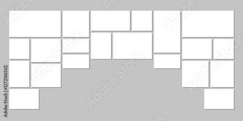 Picture frames collage for photo gallery or room wall. Template with 21 empty square and rectangle frames for photos, pictures and images in in art gallery or museum, vector illustration