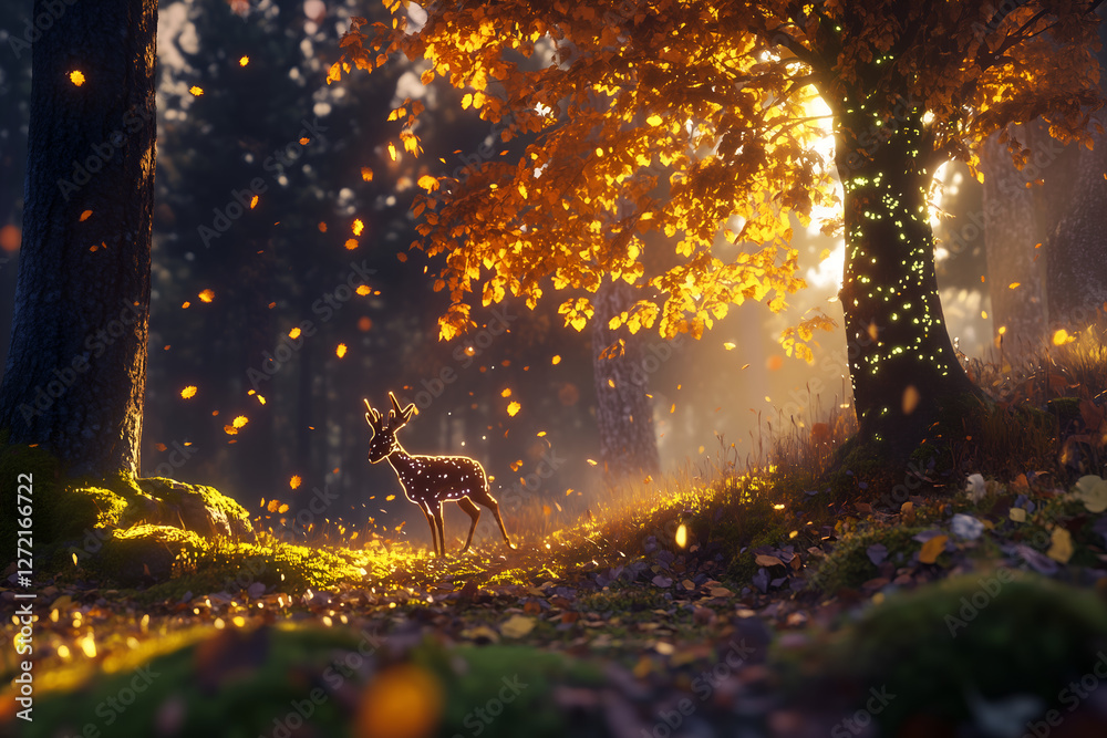 Naklejka premium 1950s forest with floating holographic tree canopies and robotic deer