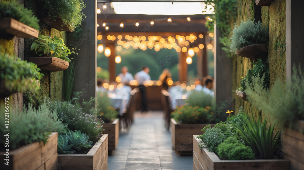 Fototapeta premium Outdoor dining experience in a beautifully decorated garden restaurant during a warm evening