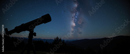 Telescope silhouetted against a starry night sky conveying a sense of wonder and curiosity exploring the cosmos with mountains in the background