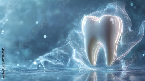 Shiny White Tooth with Radiant Light Swirls | Clean and Healthy Dental Concept on Smooth Blue Background