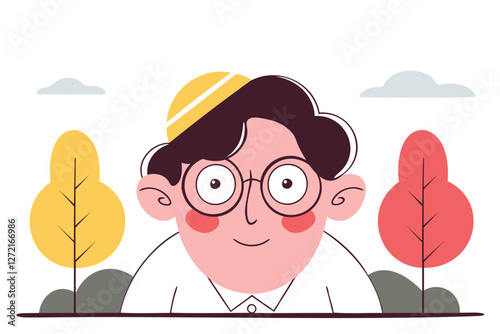 Cute stylized cartoon man with glasses and yellow hat amidst autumn trees vector illustration