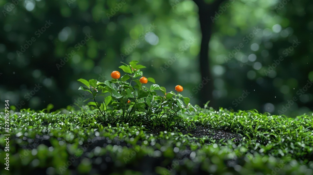 Obraz premium Small Orange-Berried Plant in Lush Green Forest After Rain