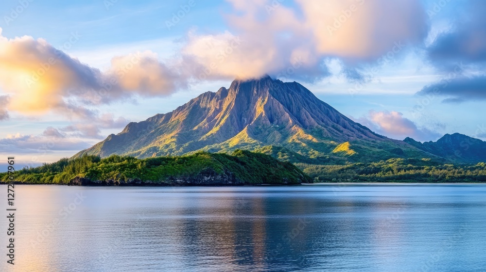 Majestic mountain surrounded by calm water during sunrise or sunset Majestic mountain surrounded by calm water during sunrise or sunset