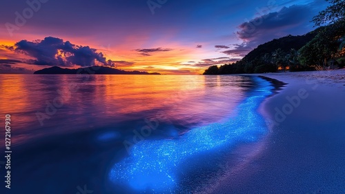 Vibrant sunset over tropical beach with glowing blue waves