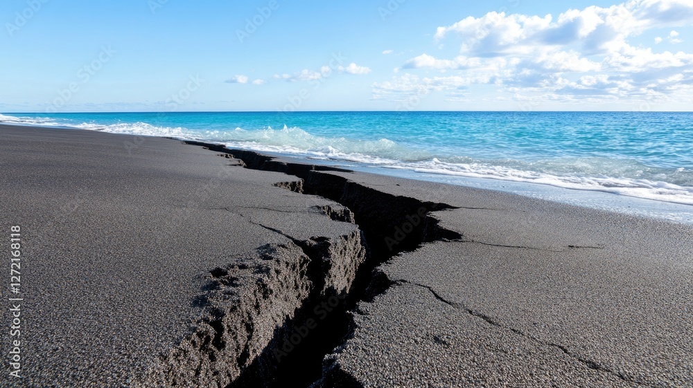 Obraz premium Ocean beach with large sand fissure under blue sky