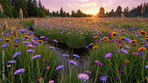Vibrant wildflowers blooming in sunlit meadow during golden hour