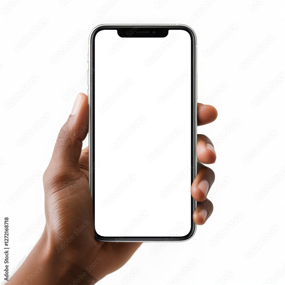 Modern Smartphone With A Blank Screen Held By A Hand On A White Background. Ideal For Digital Mockups, App Previews, Online Advertising, UI/UX Design, And Mobile Technology Concepts... Modern Smartphone With A Blank Screen Held By A Hand On A White Background. Ideal For Digital Mockups, App Previews, Online Advertising, UI/UX Design, And Mobile Technology Concepts...