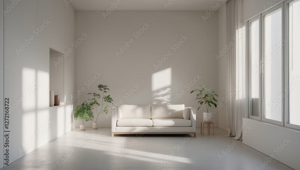 Bright and minimal living room with natural light and houseplants in a serene setting Bright and minimal living room with natural light and houseplants in a serene setting