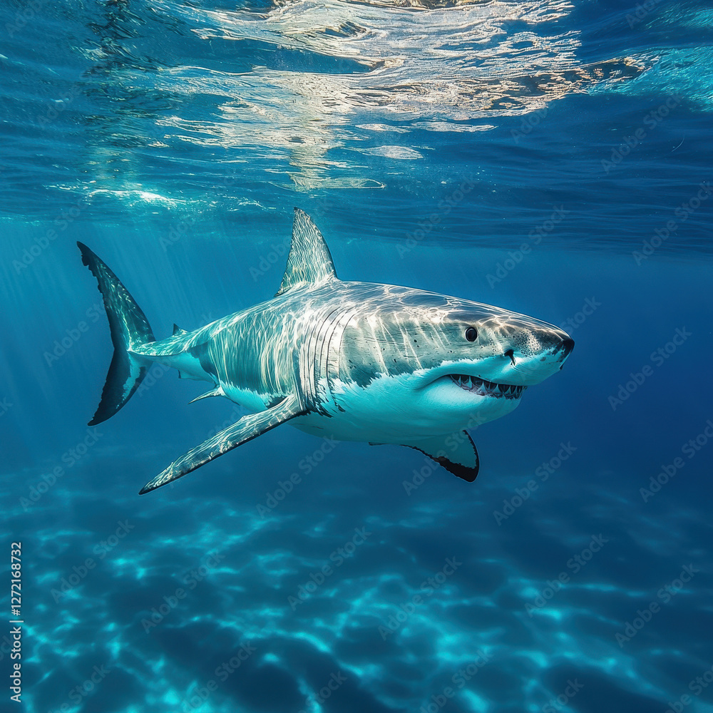 Naklejka premium majestic great white shark swims through the crystal-clear blue ocean, sunlight reflecting off its sleek body. The underwater scene highlights the shark’s power, grace, and natural beauty