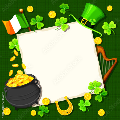 St. Patrick's day card with a pot of gold, a leprechaun hat, an Irish flag, a harp, a horseshoe, shamrock leaves, and gold coins on a green background. Vector card design